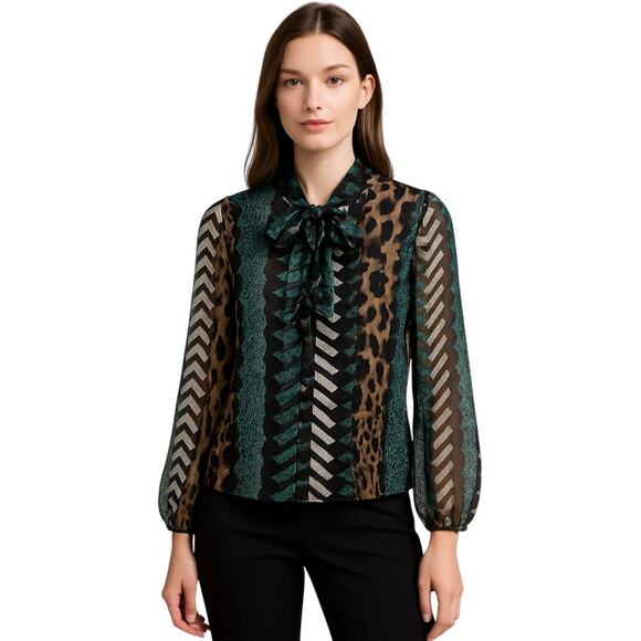 Elena Baldi Silk Blend Bow Tie Blouse Top Sz M Made in Italy Sheer Print NWT - Picture 1 of 8